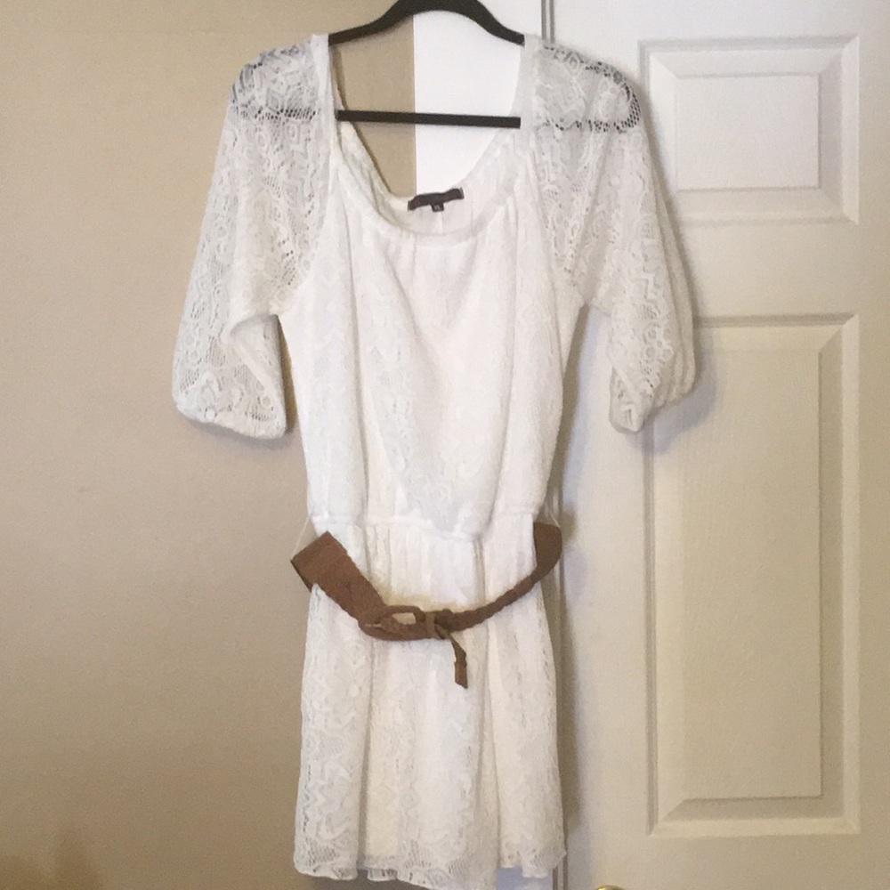 White Lace Belted Dress